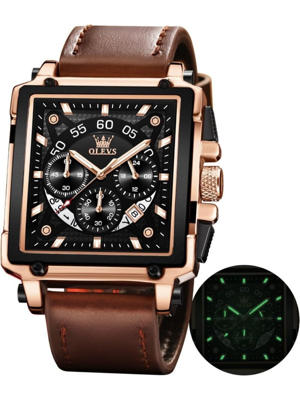 Men's Brown Black Quartz Leather Strap Waterproof Trendy Square Dial Wrist Watch